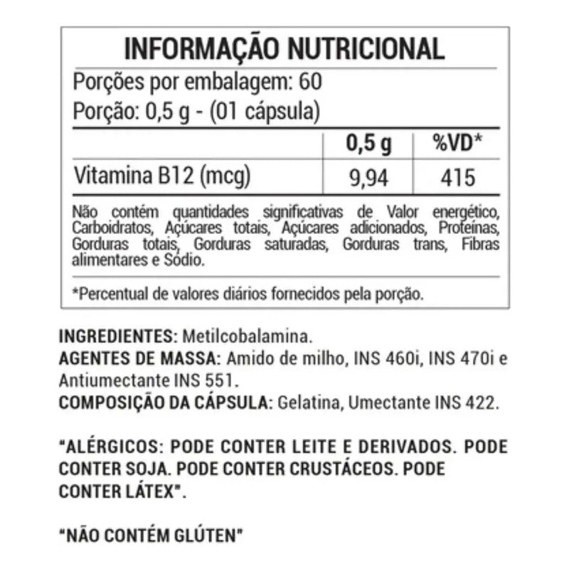 Vitamina B12 Suplemento Alimentar Metilcobalamina 60caps Sem Sabor
