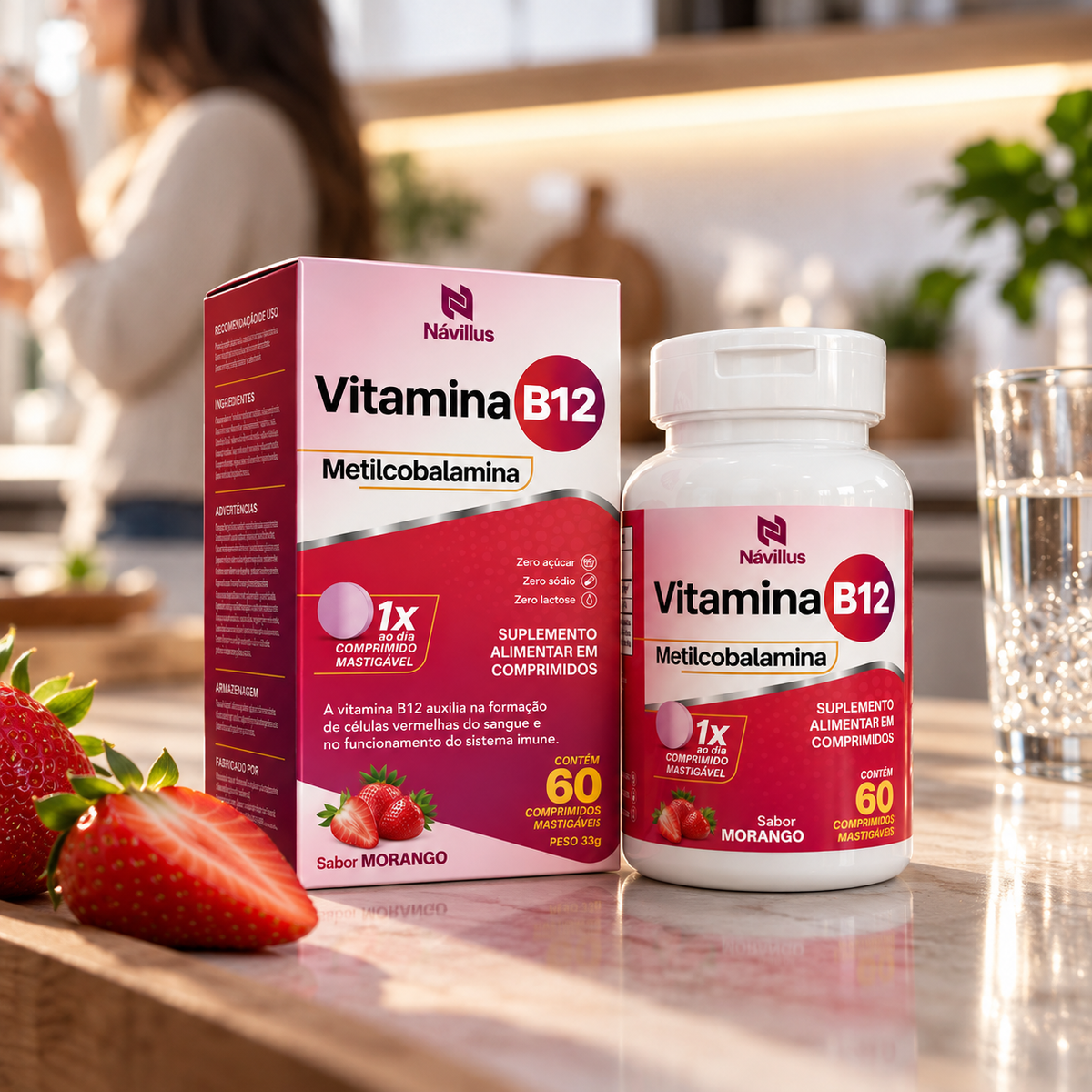 Vitamina B12 Metilcobalamina 60 Comprimidos Mastigável – Sabor Morango - Návillus