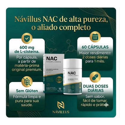 Nac 600mg N-acetil L-cisteína Antioxidante Návillus 60 Cáps Sem Sabor
