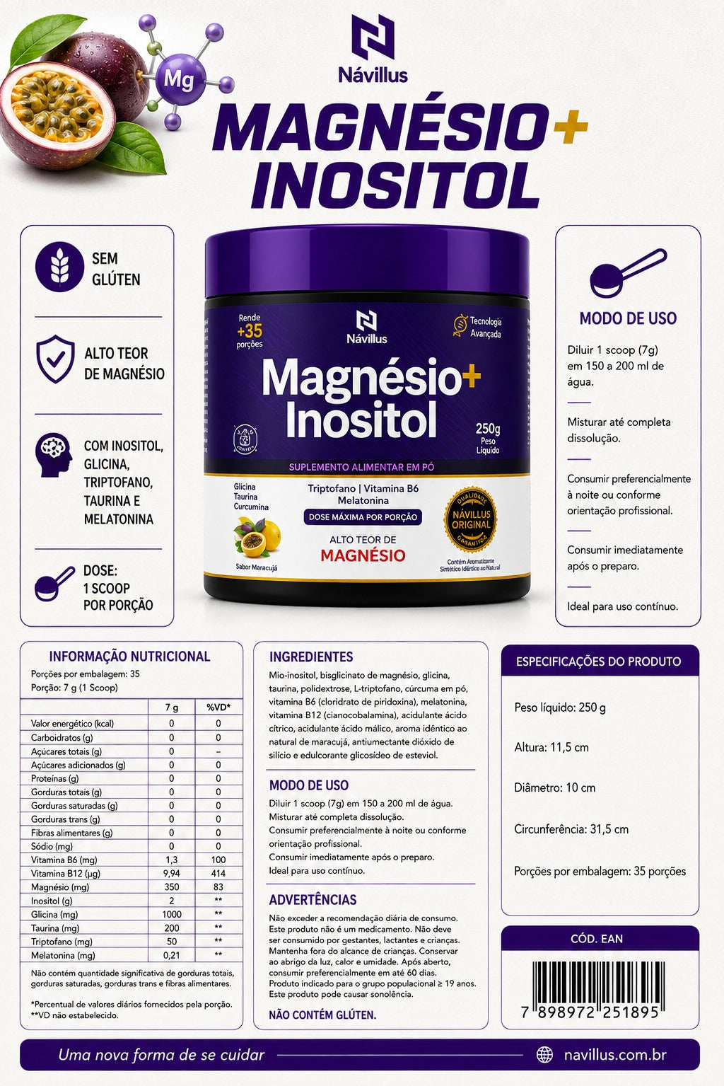 KIT Magnésio + Inositol - Equilibrio Emocional e Alívio da Ansiedade I 250 gramas - Návillus (Cópia)