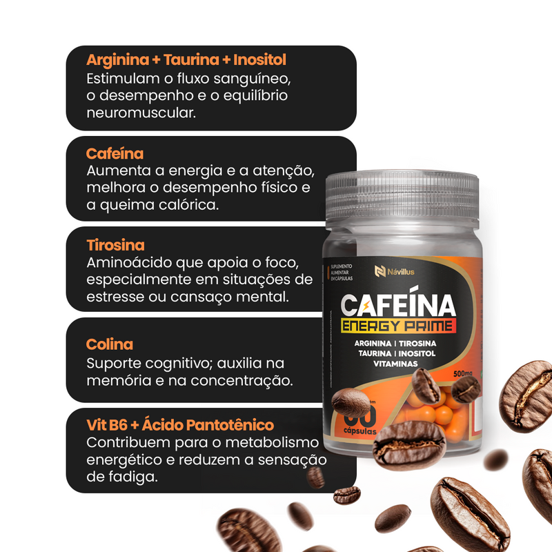 Cafeína Energy Prime – Energia, Foco e Desempenho com Cafeína, Tirosina e Colina | 60 Cáps – Návillus