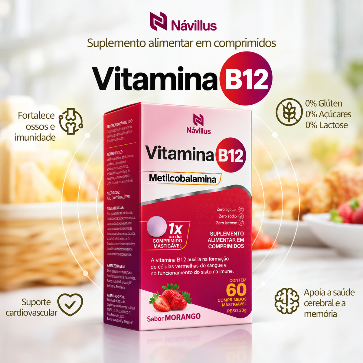 Vitamina B12 Metilcobalamina 60 Comprimidos Mastigável – Sabor Morango - Návillus