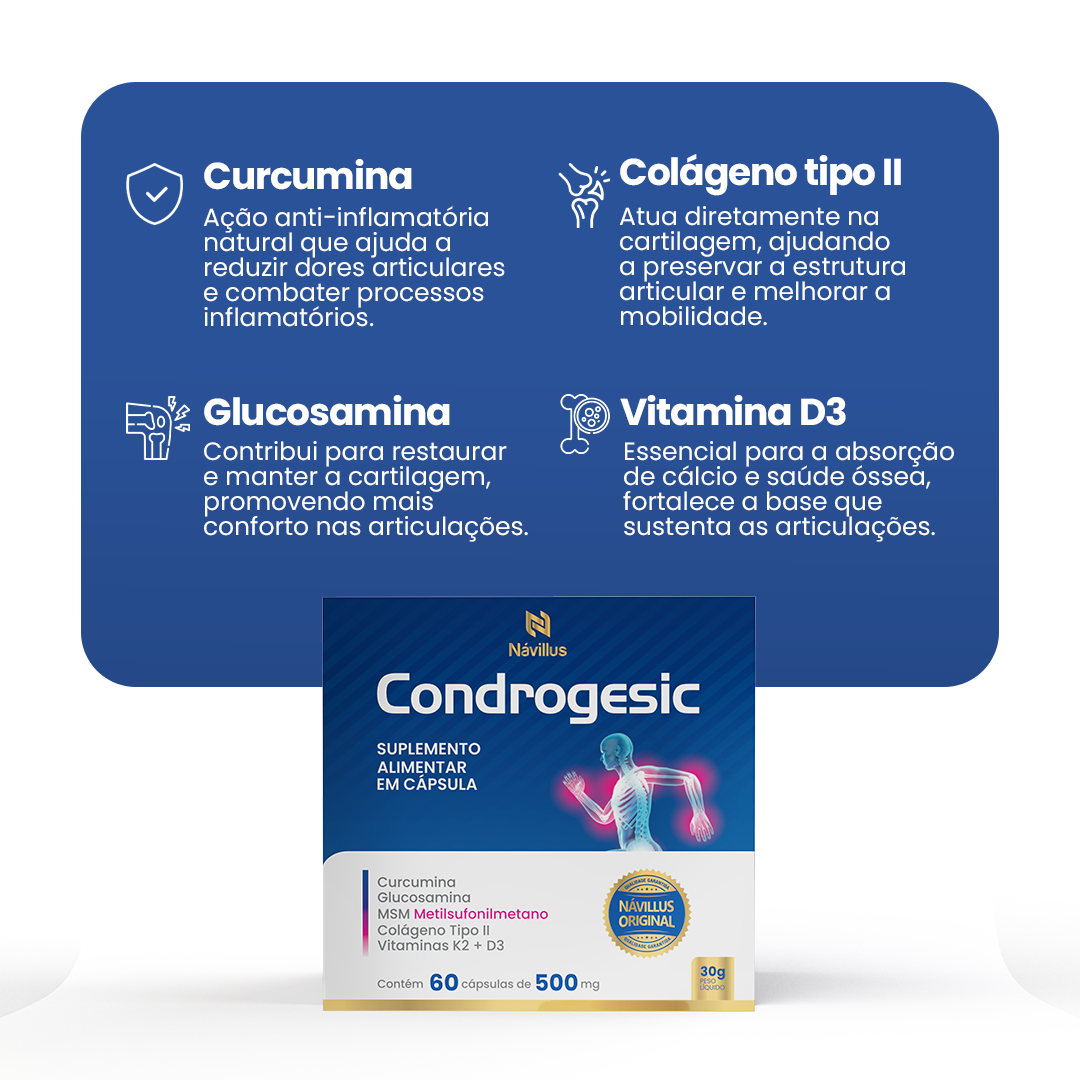 Condrogesic – Saúde Articular com Curcumina, Colágeno Tipo II e Vitaminas | 60 Cáps – Návillus