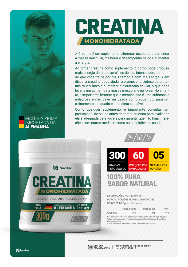 Creatina Návillus 300g 100% Pura (Massa Muscular + Aumento Força)