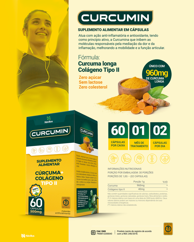 Curcumin 60 Caps (Curcuma longa 960mg + Colágeno UC-II 40mg)