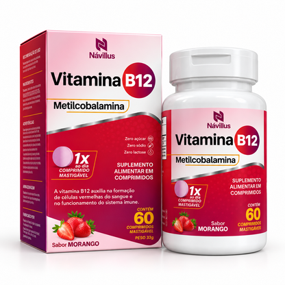 Vitamina B12 Metilcobalamina 60 Comprimidos Mastigável – Sabor Morango - Návillus